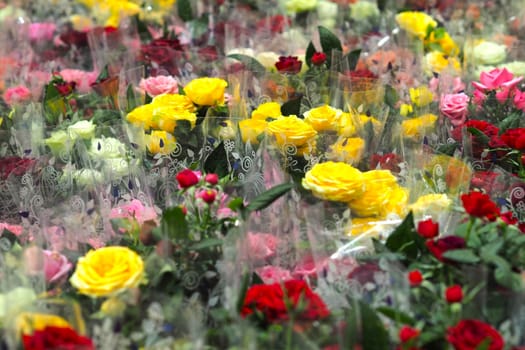 beautiful bouquets of live roses of different flowers. Flower shop. High quality photo