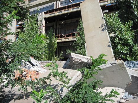 The building of the abandoned Ukrainian nuclear power plant Chigirinskaya. The ruins of buildings and structures. Chyhyryn Nuclear Power Plant