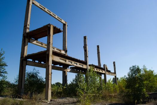 The building of the abandoned Ukrainian nuclear power plant Chigirinskaya. The ruins of buildings and structures. Chyhyryn Nuclear Power Plant