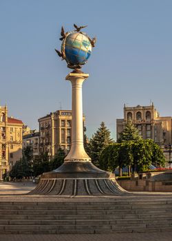 Kyiv, Ukraine 07.11.2020. Zero kilometer sign in the form of a globe on the Maidan Nazalezhnosti in Kyiv, Ukraine, on a sunny summer morning