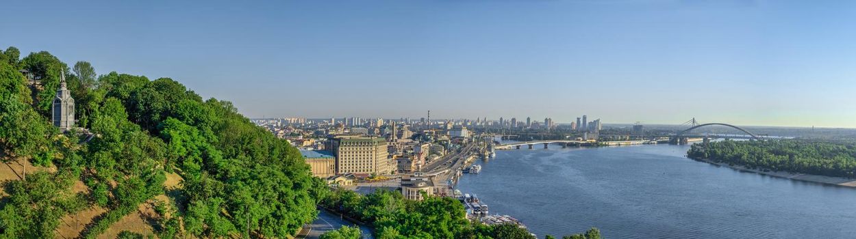 Kyiv, Ukraine 07.11.2020. View of the Dnieper River and the city of Kyiv, Ukraine, from the pedestrian bridge on a sunny summer morning