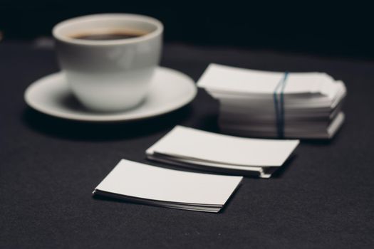 business cards on a dark table mockup Copy Space. High quality photo