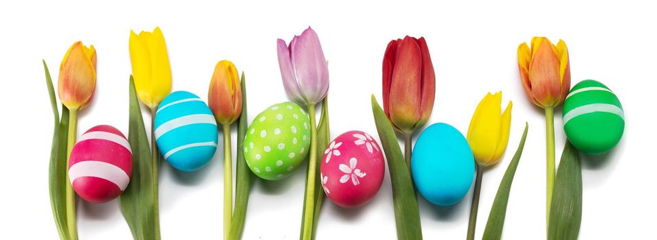 Hand-painted easter eggs with tulips isolated on white background in a row with copy space for text