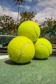 Tennis balls on the court close-up