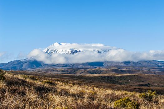 Beautiful landscape of the New Zealand - a mighty volcano Mt. Ruapehu covered by snow is hidden in clouds. New Zealand