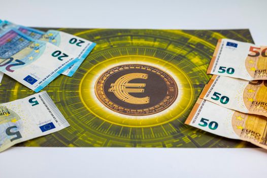 50 20 5 euro banknotes with euro symbol in different angles