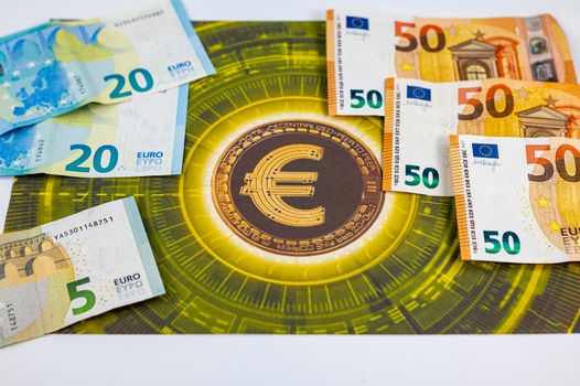 50 20 5 euro banknotes with euro symbol in different angles