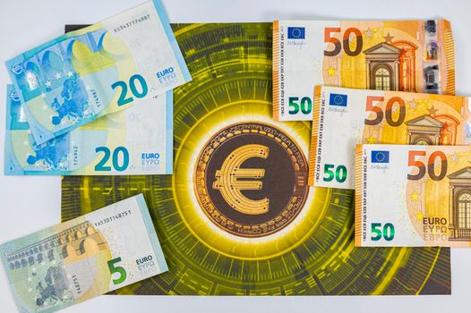 50 20 5 euro banknotes with euro symbol in different angles