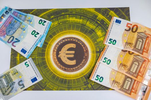 50 20 5 euro banknotes with euro symbol in different angles