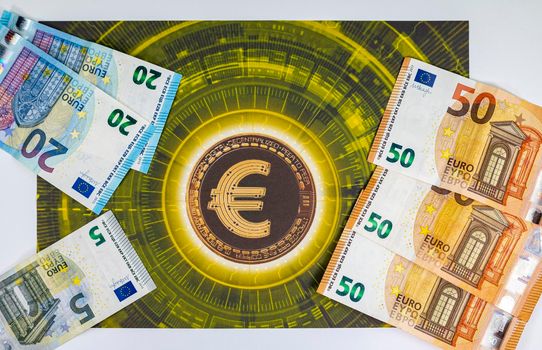 50 20 5 euro banknotes with euro symbol in different angles