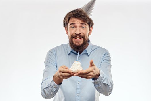 Happy guy with birthday cake white background Compact corporate party cropped beard view. High quality photo