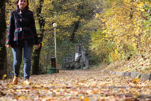 Golden autumn in the park. A girl walks alone in the park. High quality photo