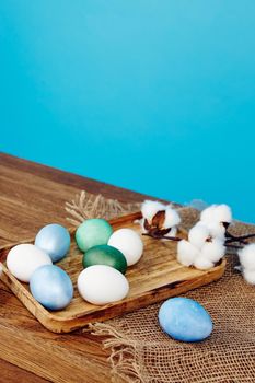 easter eggs decoration holiday traditionally blue background. High quality photo