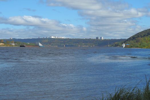 A large river view from the shore. Clean water. It's a beautiful panorama.