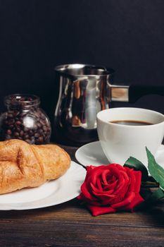 Cup of coffee cookies dessert breakfast wooden table. High quality photo