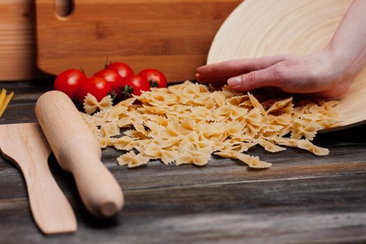 Italian pasta cherry tomatoes ingredients for cooking spaghetti. High quality photo
