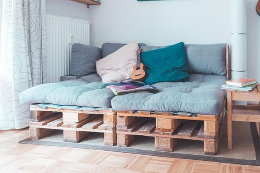Close up of handmade palette furniture, palette sofa