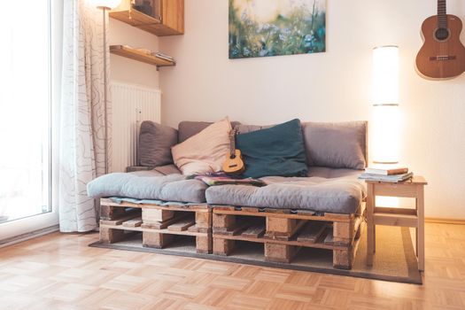 Close up of handmade palette furniture, palette sofa