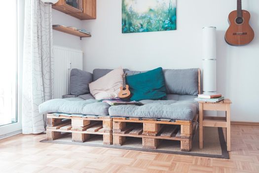 Close up of handmade palette furniture, palette sofa
