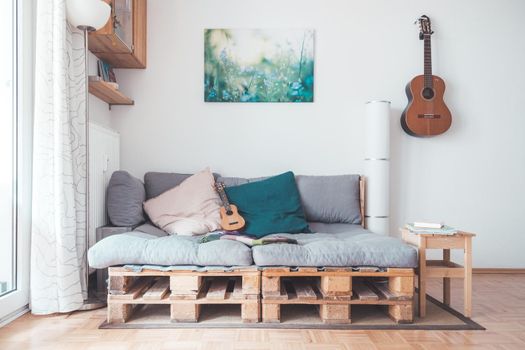 Close up of handmade palette furniture, palette sofa