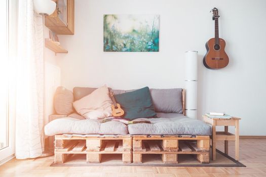Close up of handmade palette furniture, palette sofa