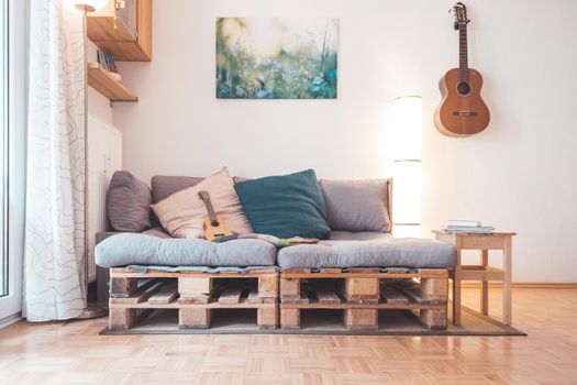Close up of handmade palette furniture, palette sofa