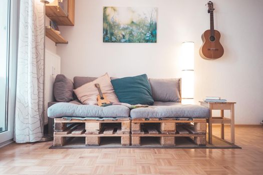 Close up of handmade palette furniture, palette sofa