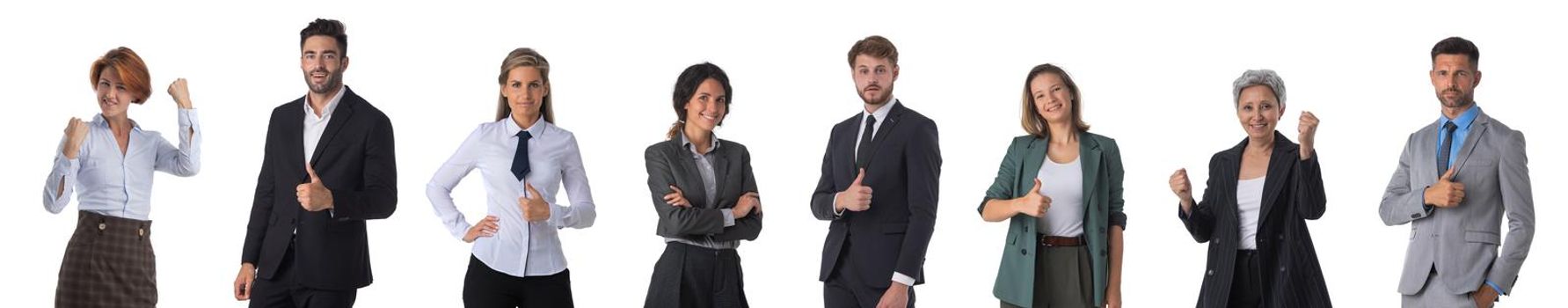 Successful business team. Portrait of group of confident business people showing thumbs up and smiling. Design element, studio isolated on white background