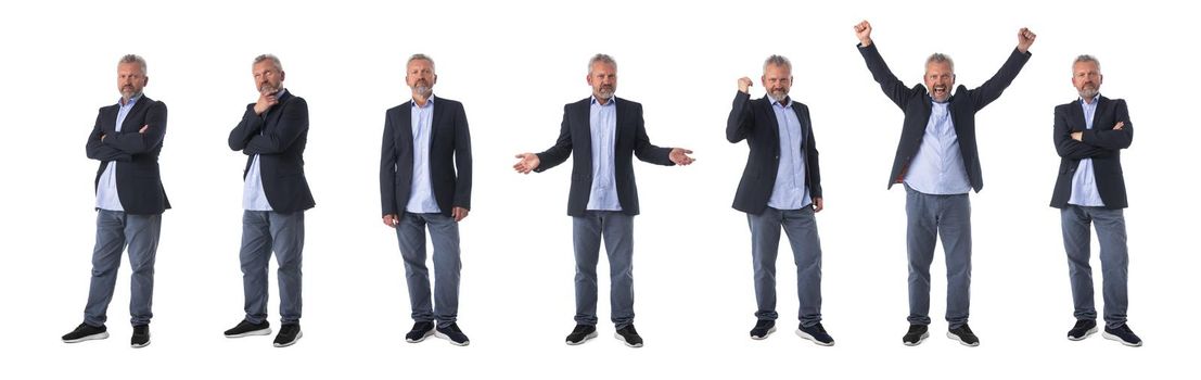 Set of emotional portraits of a happy thinking confused mature man isolated over a white background, full length set