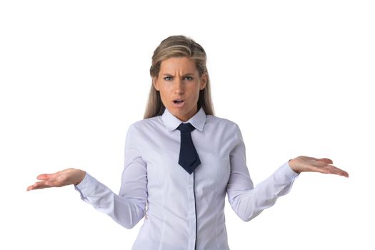 Portrait of confused clueless fruastrated business woman shrug hands isolated on white background