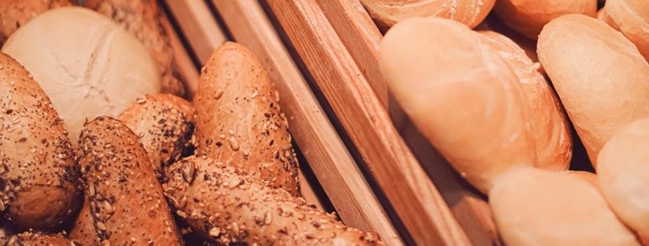 Fresh bread in bakery, organic food and gluten-free baking goods closeup