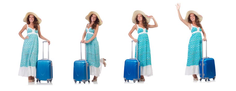 Woman traveller with suitcase isolated on white