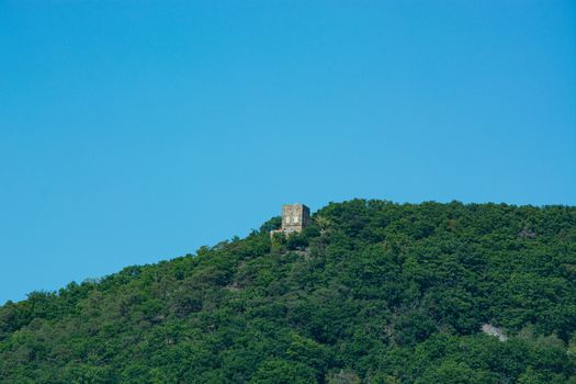 View from a tourist route on Hessen Land to the Ruine Burg Ehrenfels on the river Rhine with Bingen am Rhein on the.