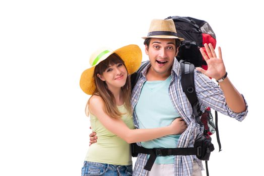 Young family preparing for vacation travel on white