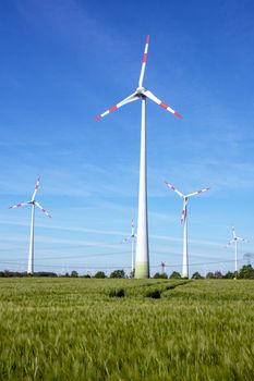 Modern wind turbines on a sunny day in Germany