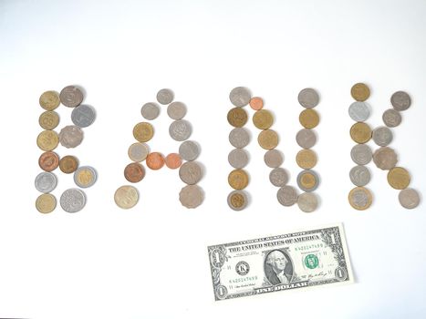 A collection of coins from different countries. Close-up