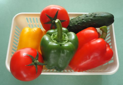 Ripe salad vegetables. Tomato cucumber salad with Bulgarian pepper.