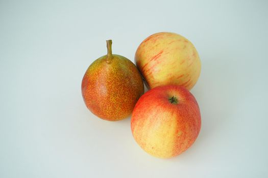 Two ripe apples and one beautiful pear on a white background. Close-up.