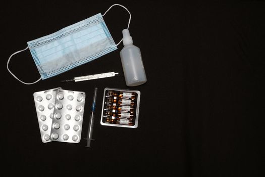 Medications and personal protective equipment. Pandemic, coronavirus. High quality photo