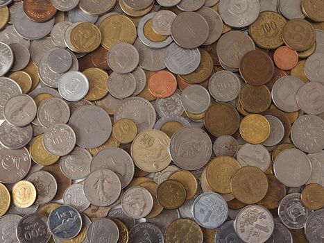 A collection of coins from different countries. Close-up