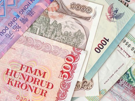 Paper money from different countries. Business and finance. Close-up.