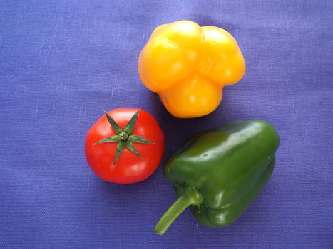 Food. Ripe vegetables close-up. Red tomatoes, cucumber, bell pepper