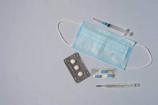 Medications and personal protective equipment. Pandemic, coronavirus. . High quality photo