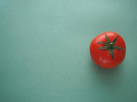 One red tomato close-up on a blue background. A quality image.