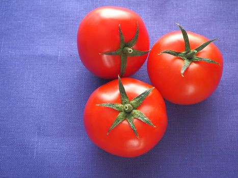 Food. Vegetables. Three tomatoes are red, close-up, on a blue background.