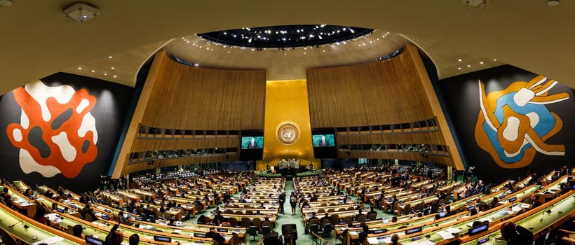 NEW YORK, USA - Sep 20, 2017: Panoramic image of the United Nations Organization Hall during the 72th session of the UN General Assembly. President of Ukraine Petro Poroshenko speaks