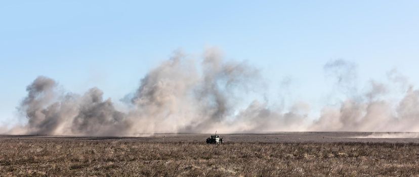 DONETSK REG, UKRAINE - Okt 12, 2018: Military equipment at a military training ground during complex tactical exercises of diverse military forces for the defense of coastal area in the Donetsk region