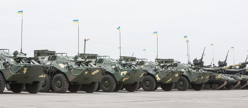 KHARKIV REG., UKRAINE - Oct 15, 2015: Weaponry and military equipment of the armed forces of Ukraine before being sent to the war zone in eastern Ukraine