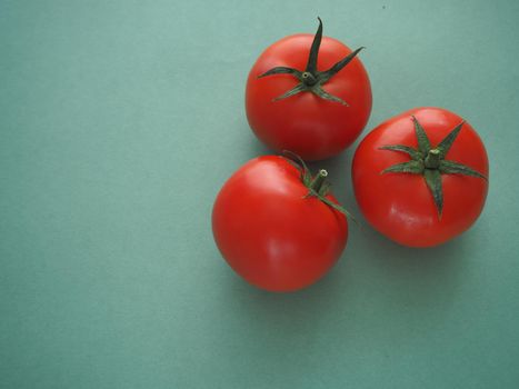 Fresh vegetables. Three red tomatoes close-up on a blue background.