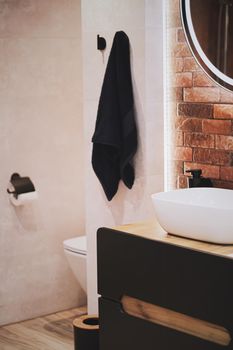 Modern dark bathroom decor made of organic and sustainable materials, home decor and luxury interior design concept